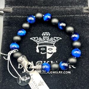 Blackjack BJB244BTN Men’s Blue Tiger Eye Onyx Beaded Bracelet 10mm NIBWT